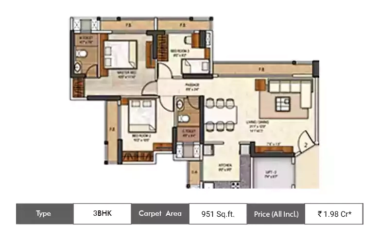 3 BHK-951 Sq.ft.
