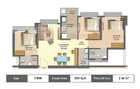3 BHK 804 Sq.ft