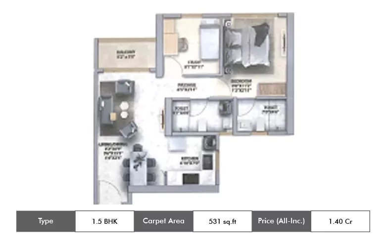 1.5 BHK-531 Sq.ft.
