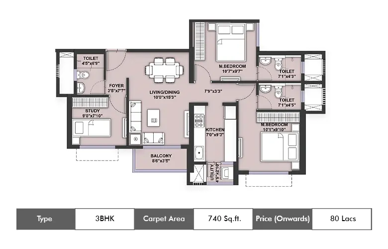 3 Bhk 740 Sq.ft.