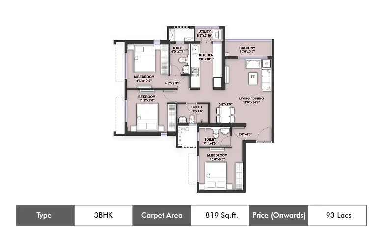 3 Bhk 819 Sq.ft