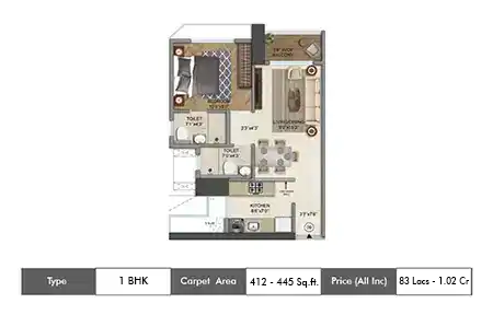  1 BHK-412-445 SqFt