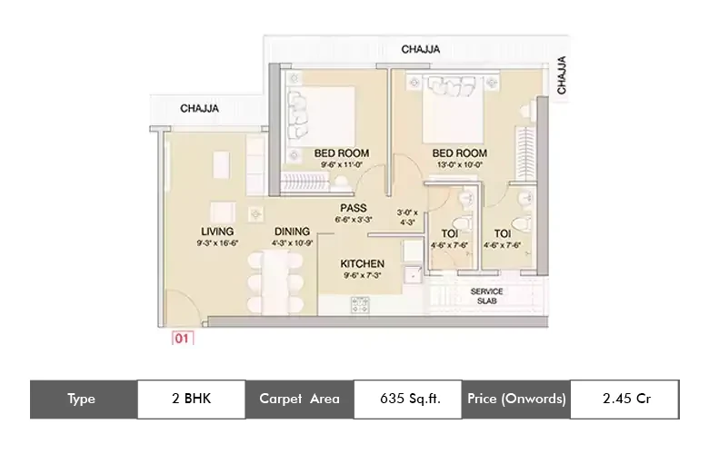 2 Bhk-635 Sq.ft.