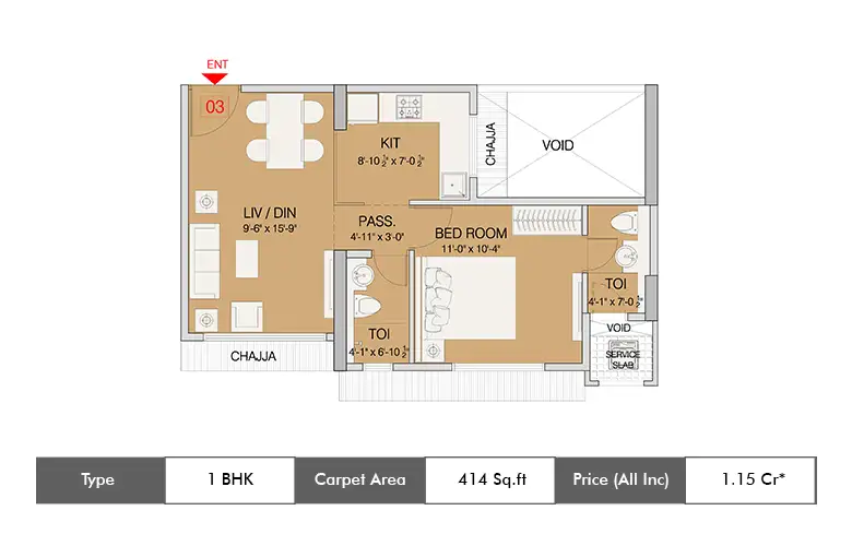 1 Bhk-414 Sq.ft