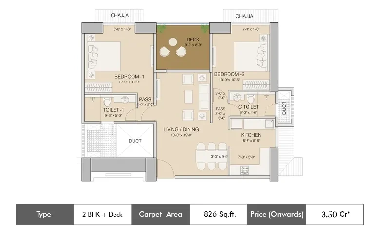2 BHK 826 Sq.ft