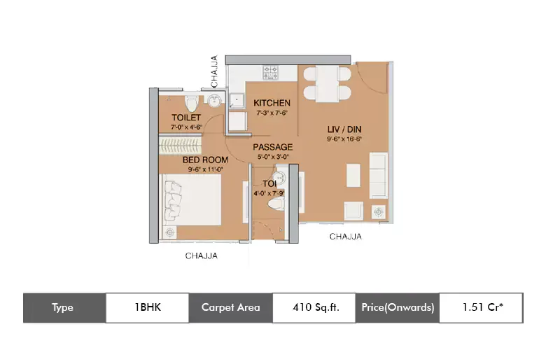 1 BHK-410 Sq.ft.