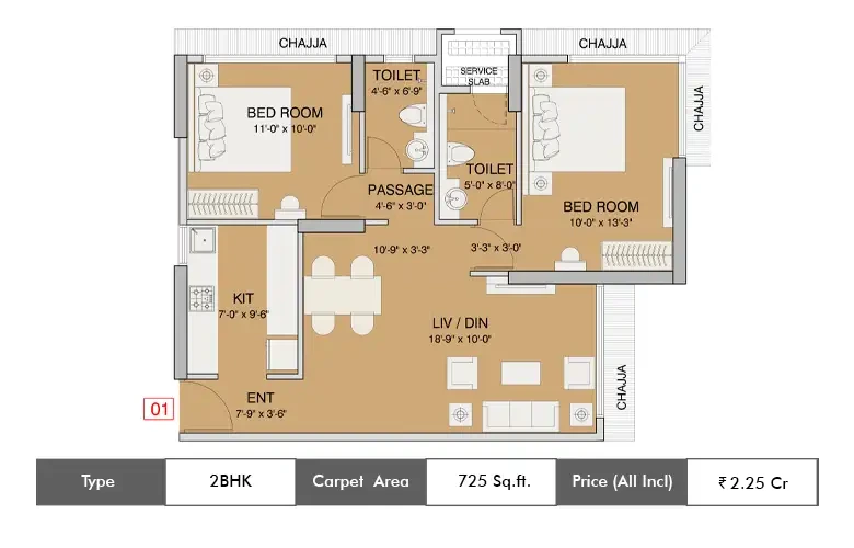 2 BHK 725 Sq.ft.