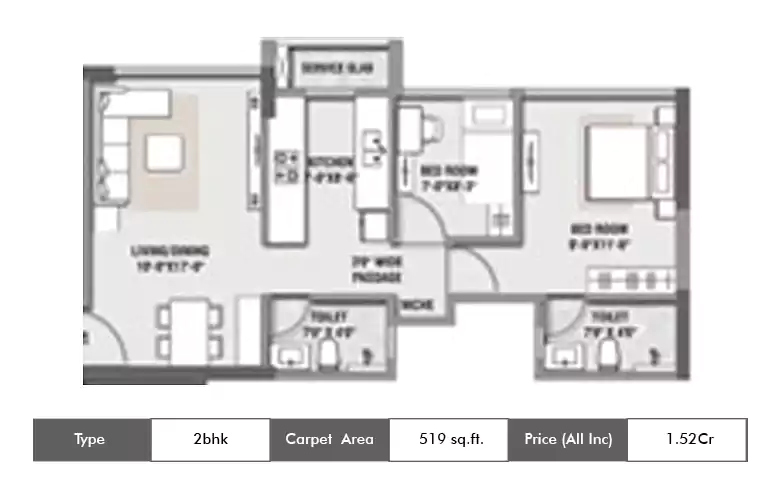 2 BHK-519 Sq.ft.