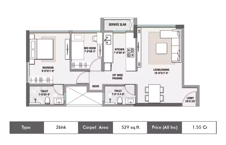 2 BHK-529 Sq.ft.