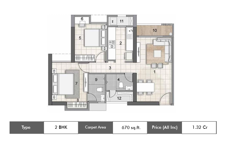 2 BHK-670 Sq.ft.