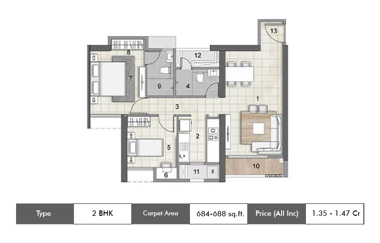 2 BHK-684-688 Sq.ft.