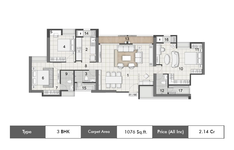 3 BHK-1076 Sq.ft.