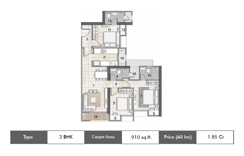 3 BHK-910 Sq.ft.