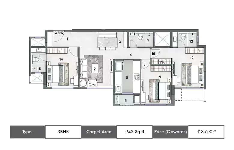 3 BHK-942 Sq.ft