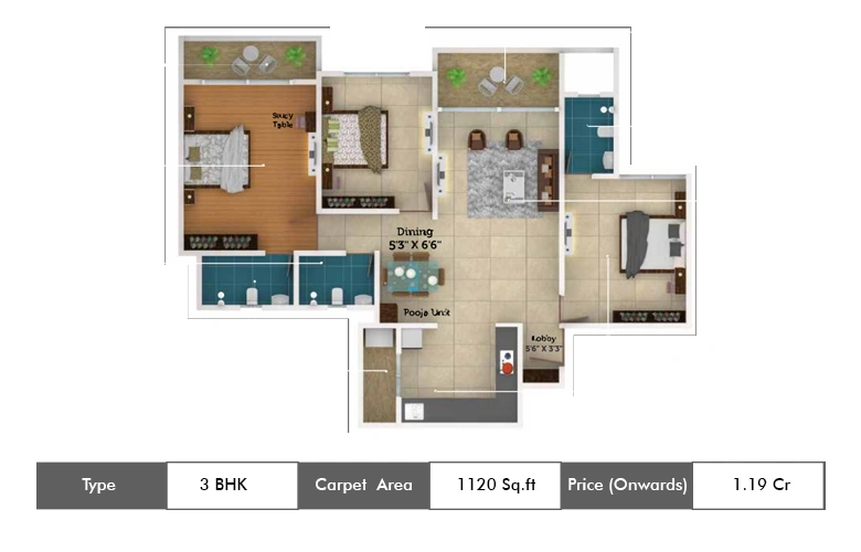 3 Bhk-1120 Sq.ft.