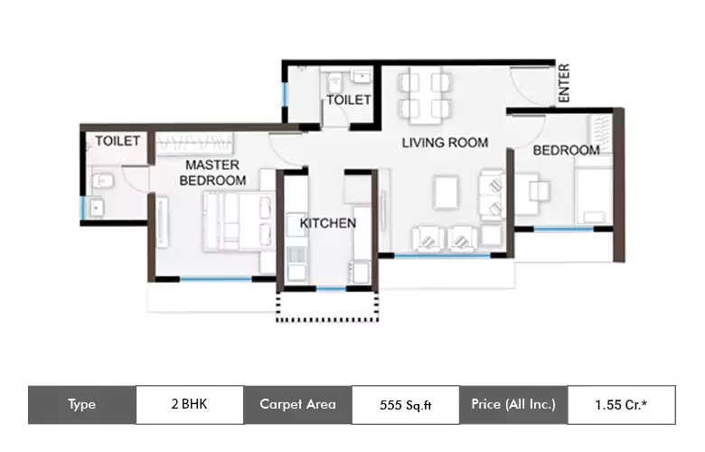 2 BHK 555 Sq.ft