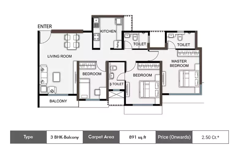 3 BHK 891 Sq.ft