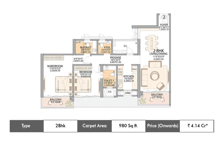 2 Bhk-980 Sq.ft.