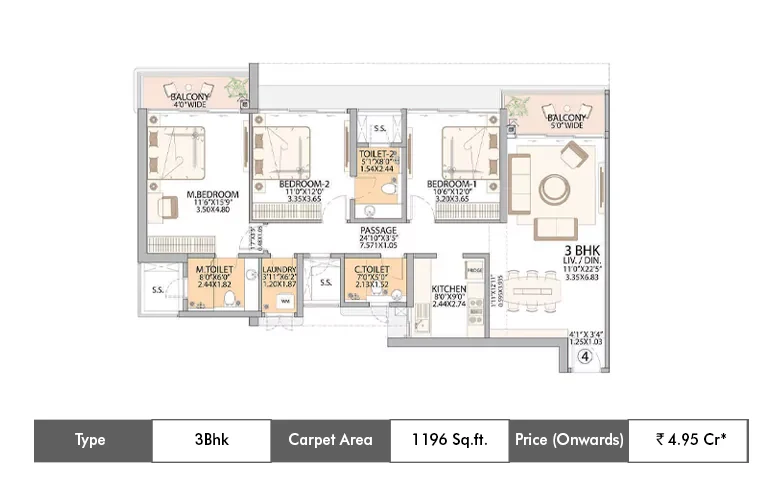 3 Bhk-1196 Sq.ft.