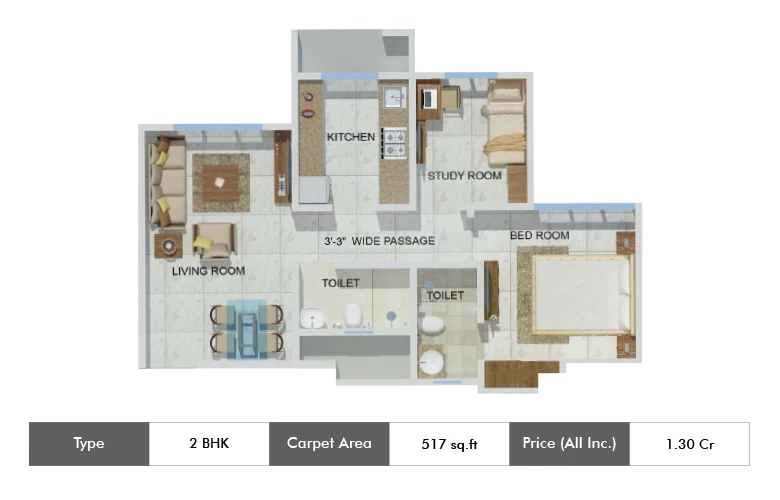 2 BHK-517 Sq.ft.