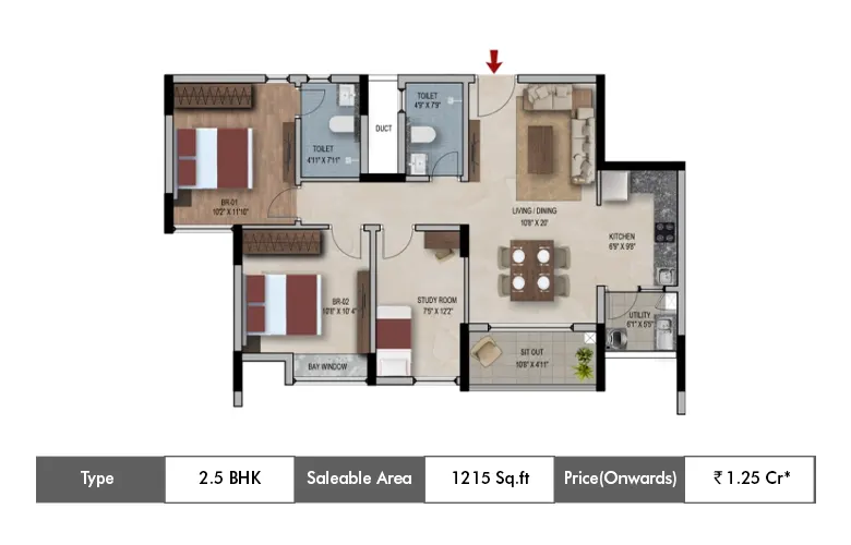 2.5 BHK-1215 Sq.ft.