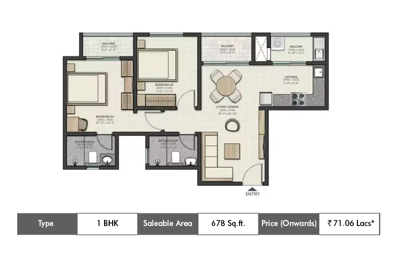 1 BHK-678 Sq.ft.