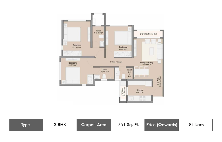 3 Bhk-751 Sq.ft