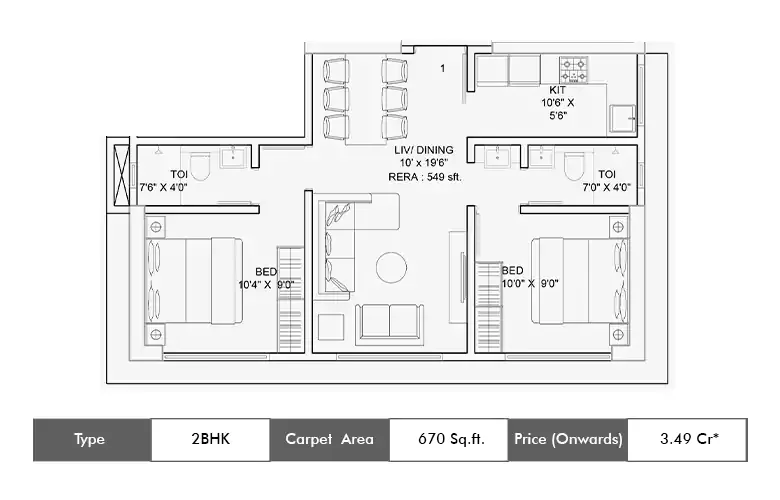 2 Bhk 670 Sq.ft.