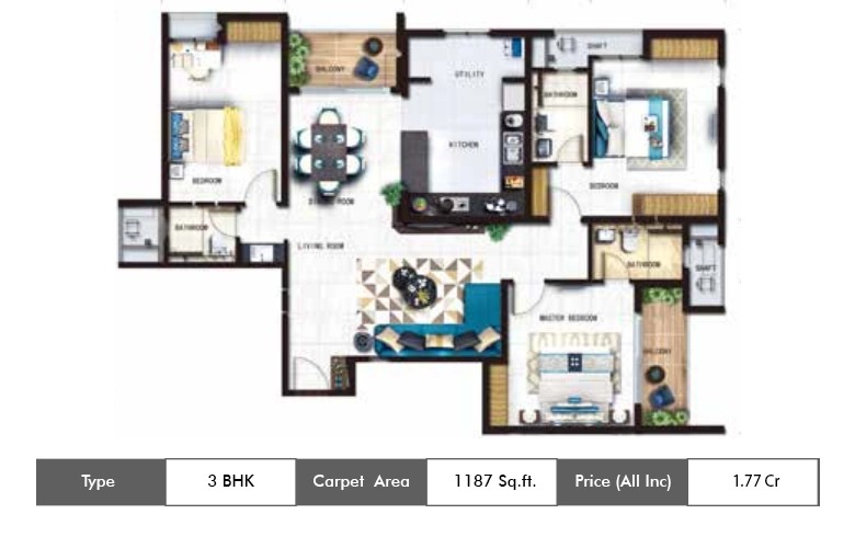 3 BHK LX-1187 Sq.ft.
