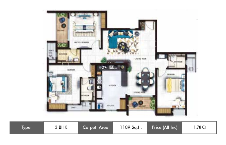 3 BHK LX-1189 Sq.ft.