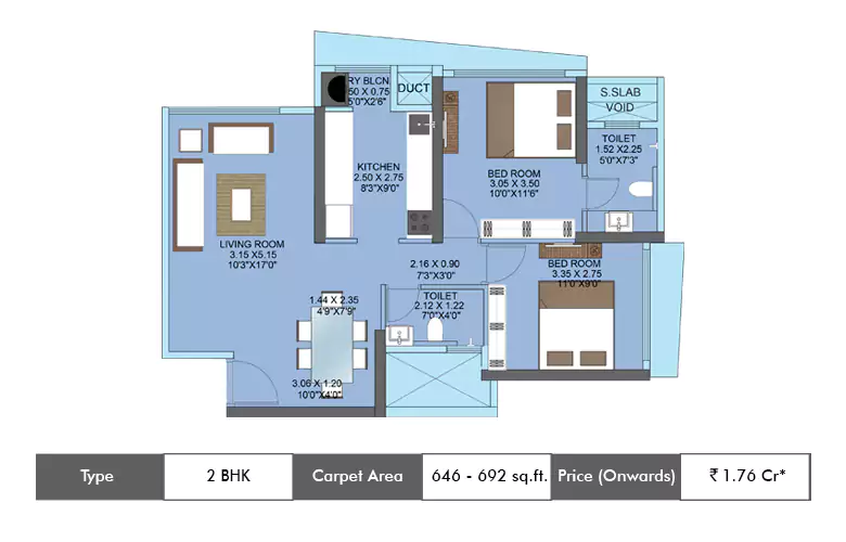 2 BHK-646 Sq.ft.