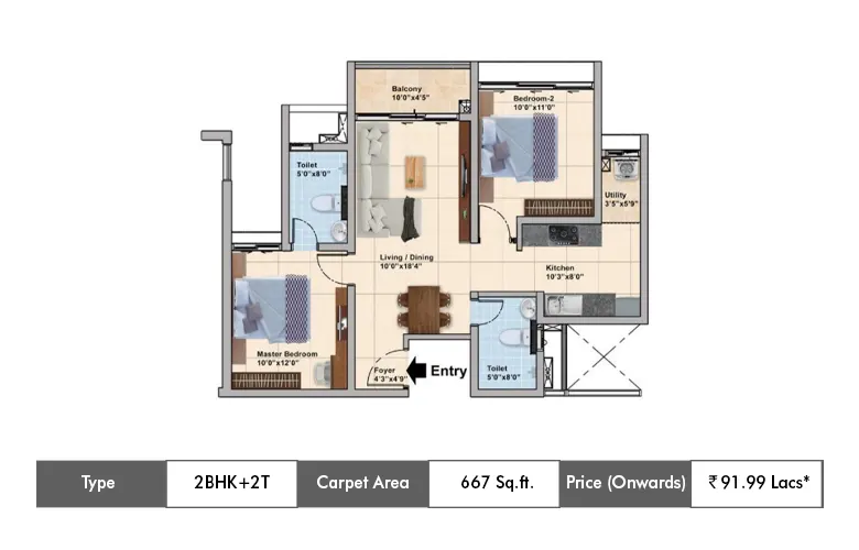2 Bhk + 2T-667 Sq.ft