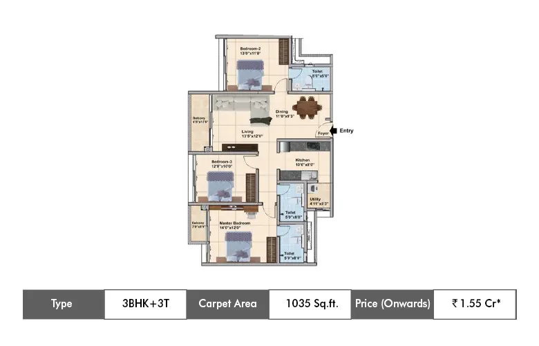 3 Bhk + 3T 1035 Sq.ft
