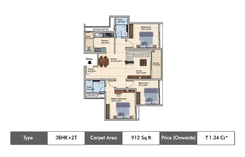 3 Bhk + 2T-912 Sq.ft