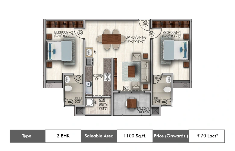 2 Bhk-1100 Sq.ft