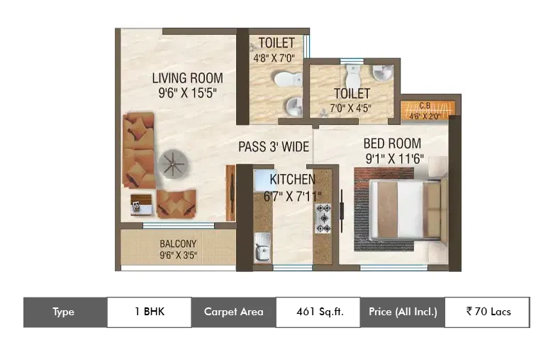 1 BHK-461  Sq.ft.