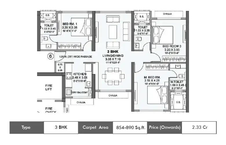 3 Bhk-854 Sq. ft