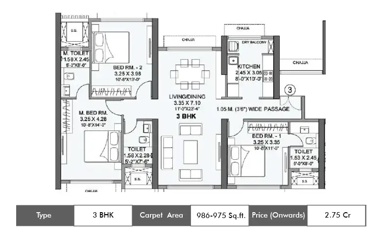 3 Bhk-986 Sq. ft
