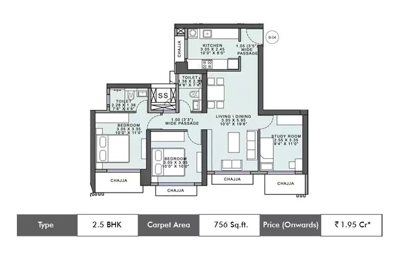 2.5 Bhk 756 Sq.ft.