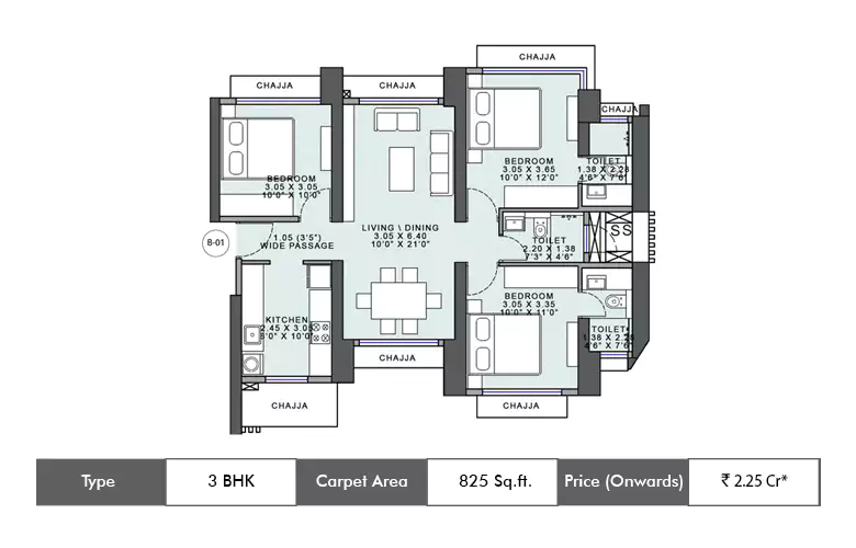 3 Bhk 825 Sq.ft.
