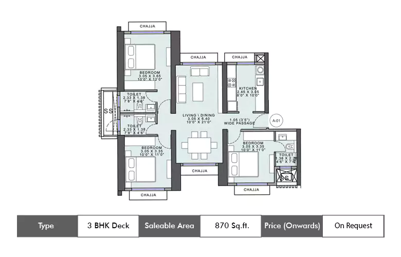 3 Bhk 870 Sq.ft