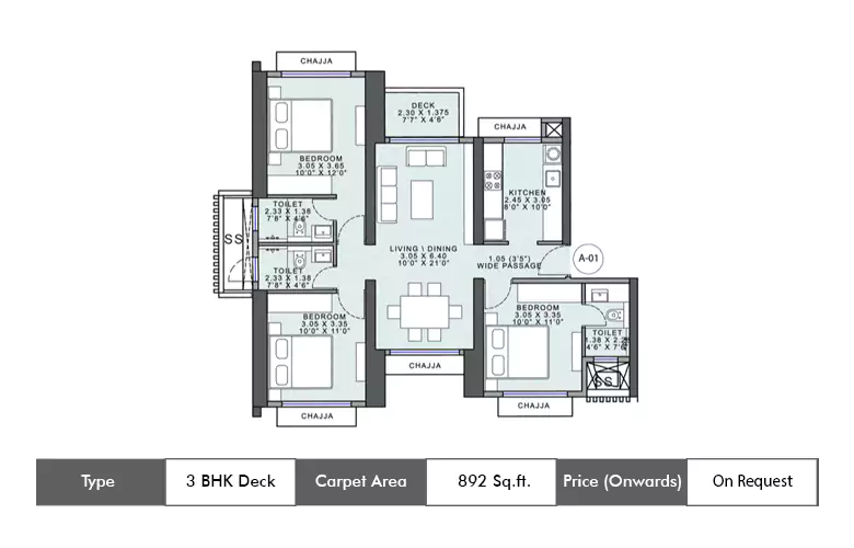 3 Bhk 892 Sq.ft.