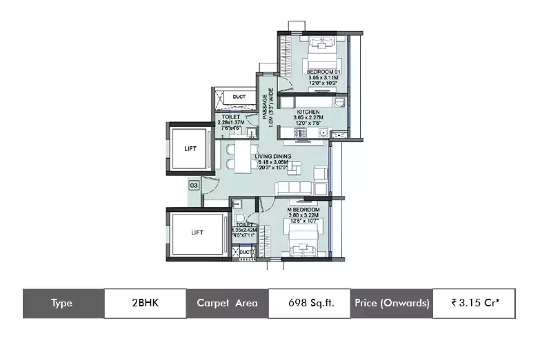 2 Bhk-698  Sq.ft