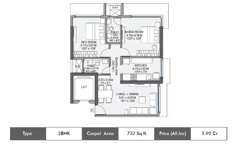2 BHK-732 Sq.ft.