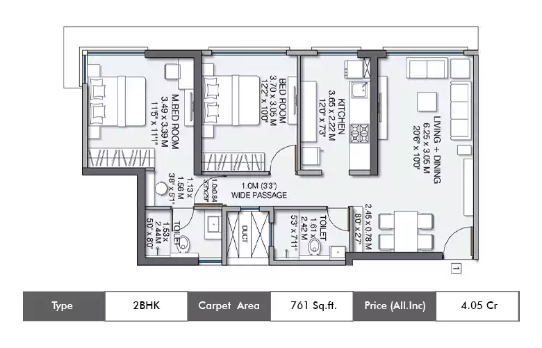 2 BHK-761  Sq.ft.